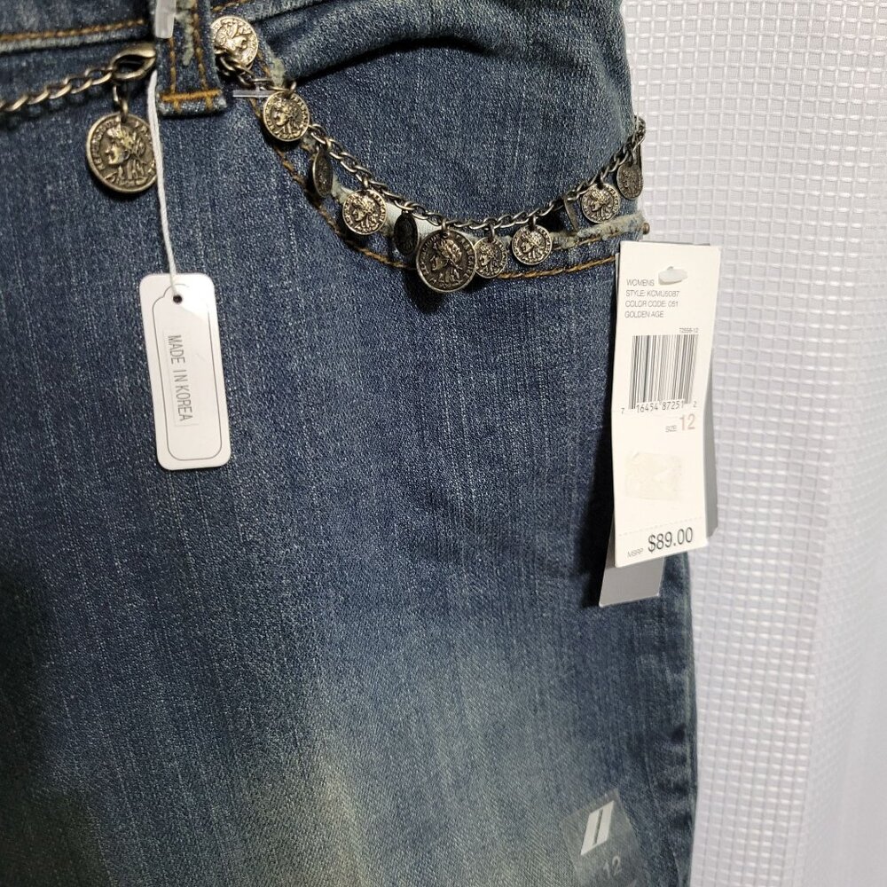 DKNY NWT Size 12 Jeans Denim Gold Glitter So Low Lita Chain Belt Boot Distressed - Picture 11 of 16